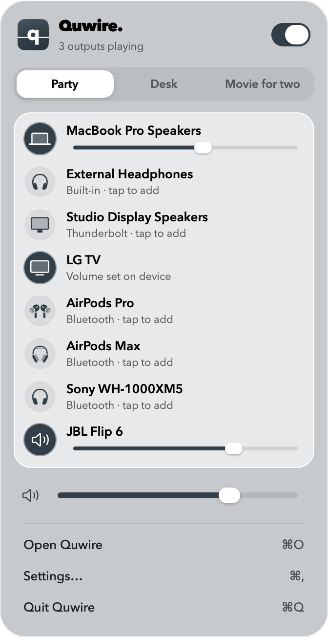 Quwire’s menu bar window: Quwire is on, the Party mix plays on MacBook Pro Speakers, LG TV and JBL Flip 6, more outputs wait to be added, and a master volume slider sits below.