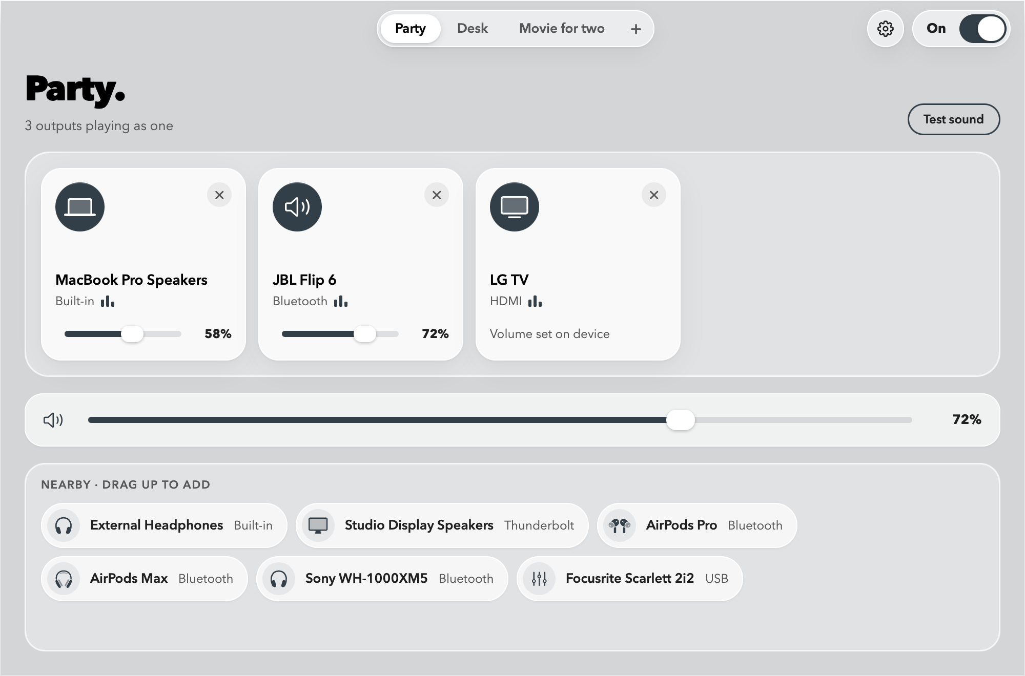 The Quwire window with the Party mix on: MacBook Pro Speakers at 58% and a JBL Flip 6 at 72%, each with its own slider, an LG TV on HDMI marked “Volume set on device”, and a master volume slider at 72% below them.
